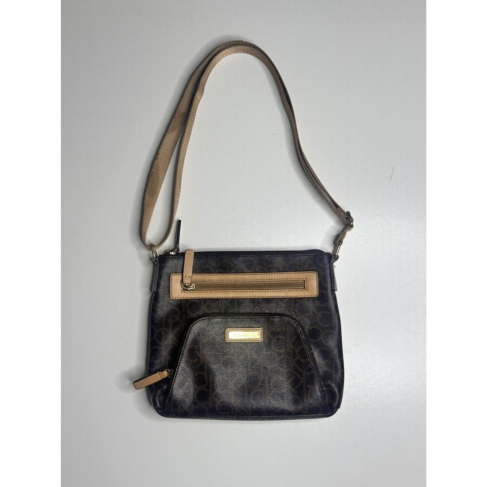 Calvin Klein Monogram Crossbody Bag Brown Tan Logo Print Adjustable Strap